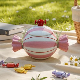 DIF DECO Cute Storage Jars with Lid, Unique Candy Shape Ceramic Food Container, Cookie Canister for Snacks, Coffee Bean, Sugar, Tea, Spices, Beans, Cereal, Nuts - 500 ml / 16.9 oz (Pink Stripes)