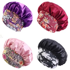 Large Satin Sleep Caps for Women 4PCS, Silk Nightcap for Curly Hair & Braids, Stretchy Wide Elastic Silk Hair Cover for Night, Ladies' Sleeping Hat