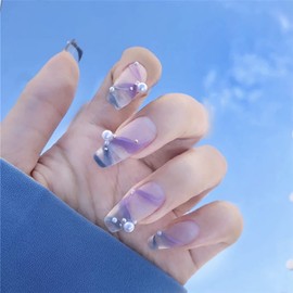 24Pcs Press on Nail Medium Length Fake Nail Square Shape With Pearl Design Full Cover Silk Ribbon Fake Nails Artificial Nails for DIY Nail Art Salon Gifts for Women and Girls