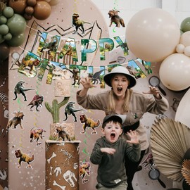 CANREVEL 33 PCS Dinosaur Birthday Decorations, Dinosaur Party Decorations Including Dinosaur Birthday Banner Hanging Swirls Streamers with Cutouts, Dinosaur Decor for Kids Boys Men Adult Dino Lover