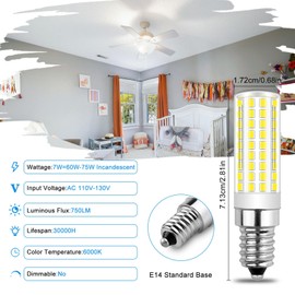 Megereet E14 LED Bulb 7W 750LM 120V European Light Bulbs 75W Equivalent,E14 Base for Fridge Refrigerator Bulbs Cooker Hood Bulbs Turkish lamp Bulb, E14 Socket Light Bulb Daylight White 6000K (2 Packs)