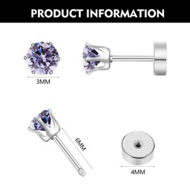 Hypoallergenic Birthstone Stud Earrings for Women Brilliant Cut Round Cubic Zirconia Flat Back Earrings Surgical Steel Cartilage Earrings for Sensitive Ears (Silvery, June Violet)
