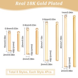 SUNNYCLUE 1 Box 32Pcs 8 Styles Bar Charms Real 18K Gold Plated Brass Vertical Bar Pendant Stamping Blank Metal Charms for Jewelry Making Charms Stick Strip Earring Necklace Bracelet Supplies Adult