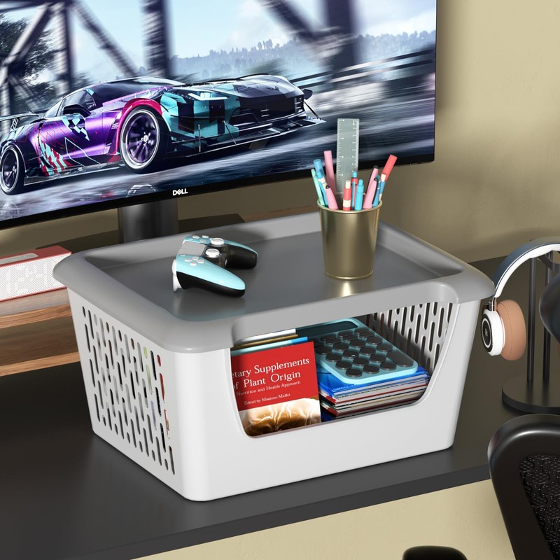 Joyeen 5 Pack Plastic Stacking Baskets with Wheels and Lids,