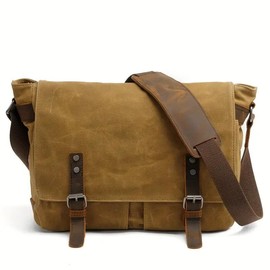 Mens Waxed Canvas Messenger Bag Shoulder Satchel Leather Crossbody Bag for Laptop - Colour: khaki