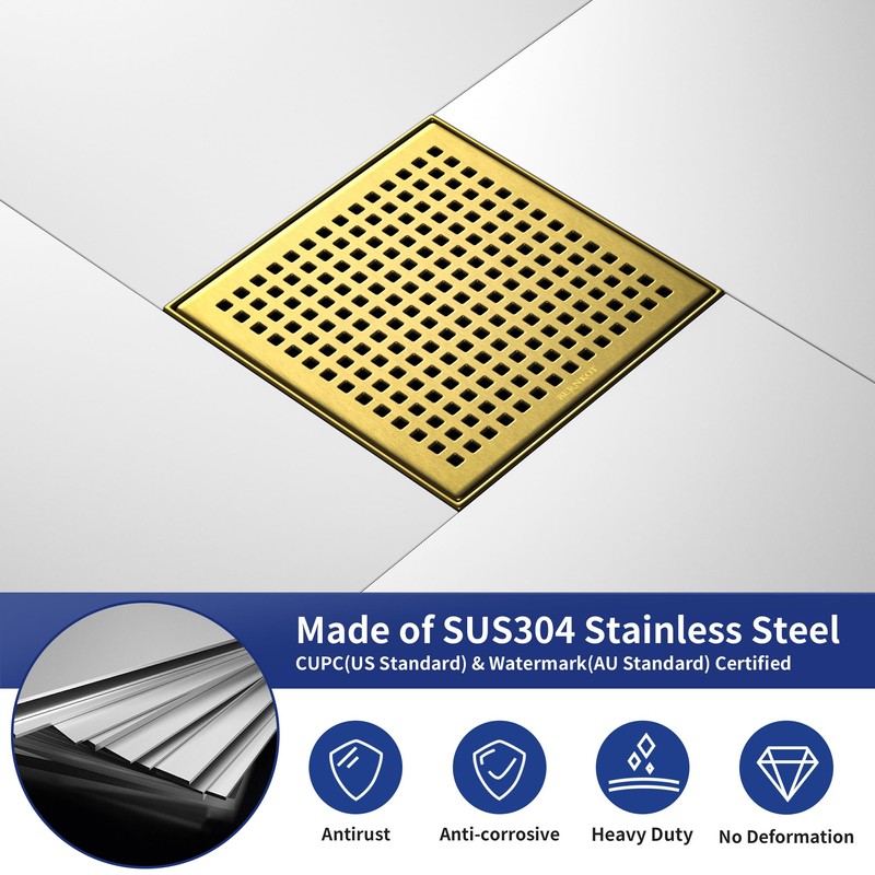 Bernkot Square Shower Drain 8", 304 Stainless Steel Floor Drain