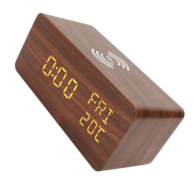 Wooden Digital Alarm Clock Yellow LED Display Adjustable Dimmer Weekday