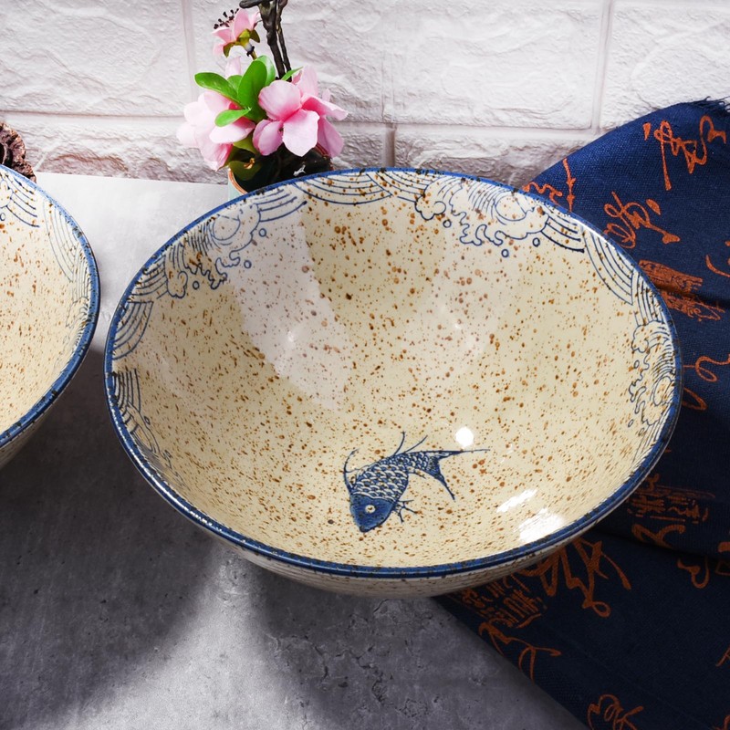 Whitenesser 8-inch Ceramic Ramen Bowls with Fish Design, Japanese Style