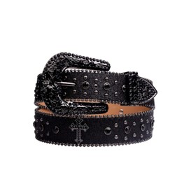 Verdusa Women's Rhinestone Studded Leather Belt Metal Buckle Rivet Western Waist Belts Black Small