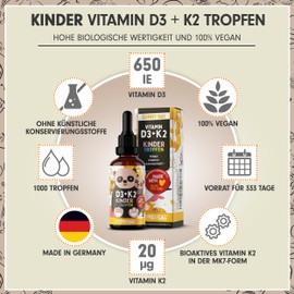 Vitamin D3 + K2 Children's Drops 1000x - with 650 IU Vitamin D3 Vegan + 20 µg Bioactive Vitamin K2 MK7 (Pharmaquinone®) - Immune System & Bone - Laboratory Tested with Certificate - Supply for 11
