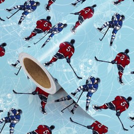 WRAPAHOLIC Ice Hockey Wrapping Paper Roll - Mini Roll - 17 Inch x 16.5 Feet - Blue Ice Hockey Player Winter Sports Wrapping Paper for Birthday, Sports Party, Team Celebration