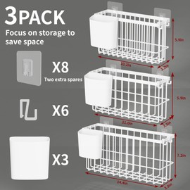 JYSMYWS 3 Pack Hanging Storage Basket Organizer, Adhesive Wall Mounted Metal Bins with Removable Cup, No-Drill for Kitchen, Fridge, Bathroom, Cabinet Door, Laundry