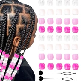 Zhbrchz 182pcs Hair Beads Kit for Hair Braids for Girls Including 180pcs 12x11mm Pink Pony Beads and 2pcs Quick Beaders