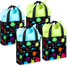 Sanwuta 24 Pieces Glow Neon Favor Bags with Tissue Paper Glow in the Dark Party Supplies No Woven Neon Birthday Gift Goody Candy Bags for Kids Adults Party Decoration (7.9x3.2x7.9 Inch)