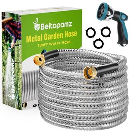 Beitopamz 100 ft Garden Hose, Stainless Steel Metal Water Hose 100 Feet with Nozzle, Flexible, Rust Proof, No-Kink, Heavy Duty, Leakproof 3/4 in Fittings, Lightweight Metal Hose, BT100S Model