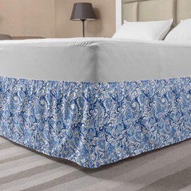 Ambesonne Paisley Elastic Bed Skirt, Native Pattern in Blue Tones Nature Themed Print, Wrap Around Fabric Bedskirt Dust Ruffle for Bedroom, King, Pale Blue