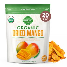 Wellsley Farms Organic Dried Mango - Vegan Friendly & Low Sodium Dried Fruit - No Added Sugar, Preservatives & Artificial Flavors - Perfect Dried Mango for Home, Office & Travel, 20oz Resealable Pack