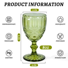 CHLJAR Vintage Wine Glasses Set of 6, 8 OZ Colored Glass Water Goblets, Embossed Floral Decorative Crystal Glass Cups Set, Dishwasher Safe, for Wedding, Party, Red Wine Glass, Bars, Restaurants