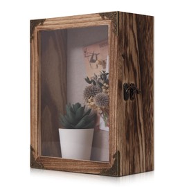 Deep Shadow Box Frame 8x10 with 3.5" Depth, Rustic Carbonized Wood Display Case with Vintage Lock, Metal Handle & 4 Corner Protectors, Memory Box for Medals, Photos, Wedding Keepsakes, Collectibles