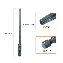 sourcing map 2pcs T15 Torx Screwdriver Bit 1/4" Hex Shank 4" Long S2 Steel Magnetic 6 Point Screw Driver Bits Industrial Grade Tamper Proof Star Drill Bits with Hole Torx Head