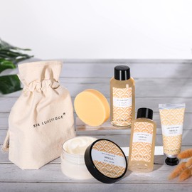 SPA LUXETIQUE Bath Gift Set for Women - Care Set Vanilla Fragrance with 6 Pieces in Travel Size Shower Gel, Body Lotion, Bubble Bath, Hand Cream, Canvas Bag with Drawstring, Bath Travel Set for