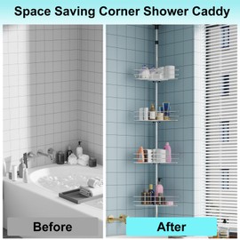 MilleLoom Adjustable Shower Caddy Corner for Bathroom, 4-Tier Rustproof Bathroom Organizer Shelves with Tension Pole, Floor Standing Bath Rack for Bathtub Shampoo Storag, Silver