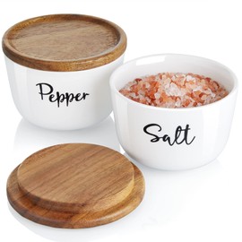 Salt and Pepper Bowls, DAYYET 10 oz Salt Cellar with Lid, Stacked Ceramic Container with Acacia Wood Lid, Salt Box for Countertop, Modern Kitchen Decor, Set of 2, White