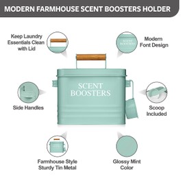 Calindiana Modern Farmhouse Metal Laundry Scent Booster Beads Dispenser Container with Scoop for Laundry Room Decor and Accessories and Space Saving Laundry Room Organization and Storage, Mint