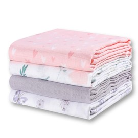 Little Grape Land Muslin Swaddle Blankets, 4 Pack Newborn Receiving Blanket Neutral, Soft Breathable 100% Cotton Muslin Baby Blanket for Boys & Girls, Large 47 x 47 inches - Purple & Pink Set