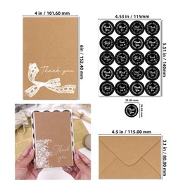 ZODKSNO 36 Sets Thank You Cards, 6 Styles 4 * 6in Lace Pattern Kraft Greeting Card with Envelopes Stickers for Wedding Teachers Kids Christmas