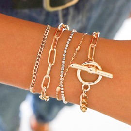 5Pcs Gold Crystal Bracelets for Women Layered Paperclip Chain Bracelets Stainless Steel Link Chain Bracelets Stackable Bracelets Gifts for Girls (Crystal Bracelets for Women-5Pcs)