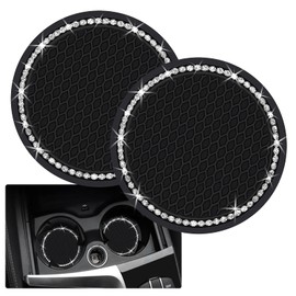 2PCS Bling Car Cup Coaster, 2.75 Inch Auto Cup Holder Insert Coasters Silicone Anti-Slip Crystal Rhinestone Drink Mat, Universal Vehicle Interior Accessories for Women Girls (Black)