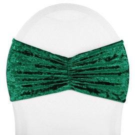 10 Pcs, Velvet Ruffle Stretch Chair Band - Emerald Green for Weddings, Baby Showers, Birthday Parties, Corporate Parties, Bridal Showers & Banquet Events