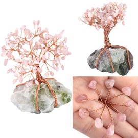 KYEYGWO Natural Crystal Tree Decorations for Home and Office, Lucky Money Tree Feng Shui Ornaments for Wealth Health, Rose Quzrtz