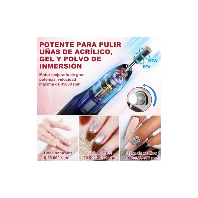 Pulidor de Uñas Profesional 35000 RPM con 100 Bandas de