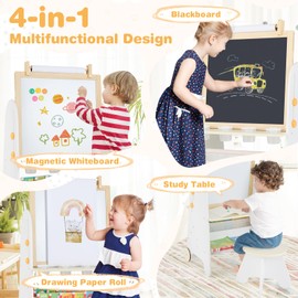 Costzon Easel for Kids, 4 in 1 Toddler Activity Table & Stool Set with Magnetic Whiteboard, Chalk Board, Paper Roll, Art Supplies, Large Desktop and Bookshelves, Kids Art Easel for Boys Girls (Beige)
