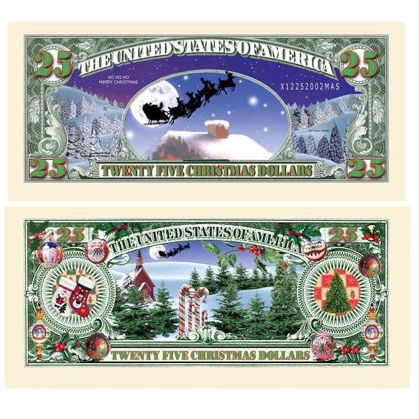 American Art Classics Pack of 5 - White Christmas $25.00 Dollar Bill - Collectible Novelty St. Nick Dollar Bills - Best Fun Stocking Stuffer Gift