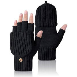 Kiiwah Convertible Winter Fingerless Gloves, Half Finger Mittens Flap Thermal Gloves Knitted Gloves for Women Men Skiing Cycling
