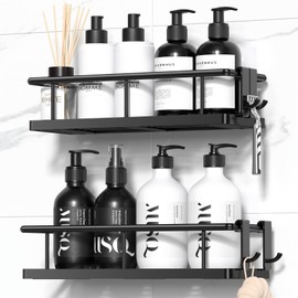 YASONIC Shower Caddy Adhesive, No Drill Bathroom Shower Organizers, with Removable Hooks, Rust Proof Shower Shelves, Wall-Mounted Shower Holder, Black, 2 Pack