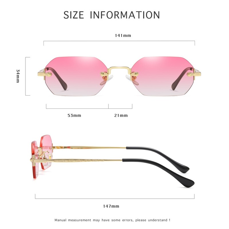 RUNHUIS Retro Rimless Rectangular Sunglasses for Women Men Vintage Hexagon