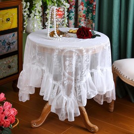 Vintage White Lace Tablecloth Flowers Embroidered Ruffle Square Tablecloth French Rustic Crochet Tablecloth for Wedding Party Banquet Decoration 85 x 85 cm