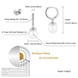 OYOGAA Pearl Dangle Hoop Earrings 14K Gold Plated Shell Pearl Unique Handmade Pearl Fashion Cartilage Drop Hoop Earrings For Women Men-Diamond Silver