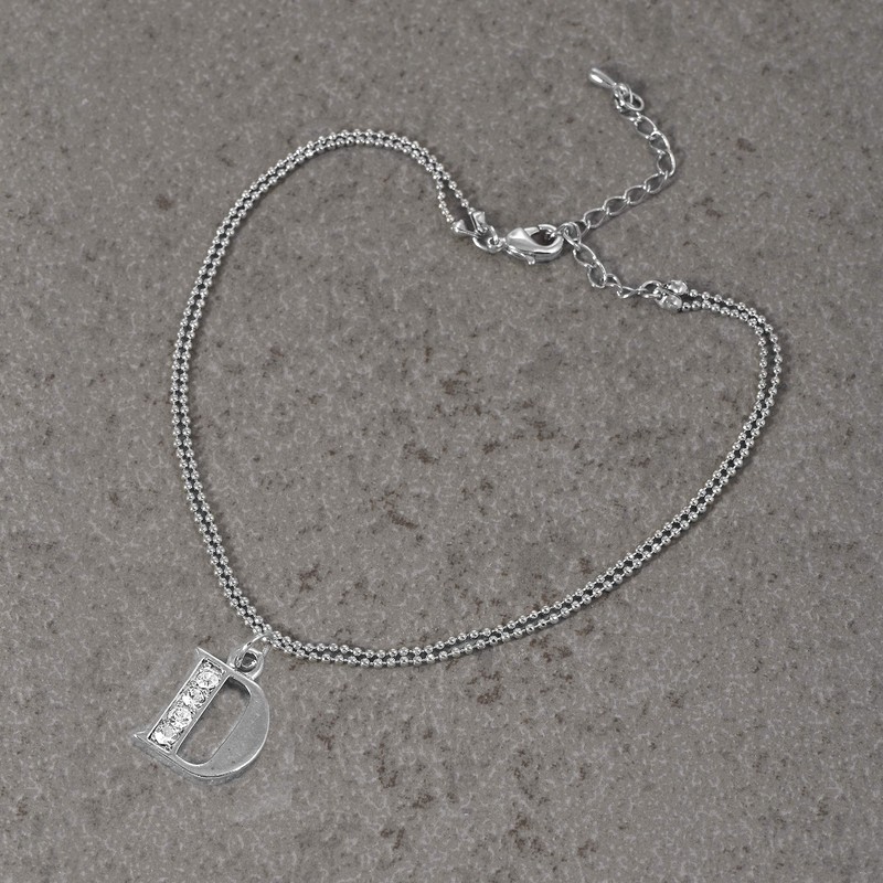 Spinningdaisy Double Line Rhinestone Crystal Initial Anklet (D-Silver)
