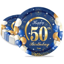 MORAINJAY 16Pcs Birthday Plates for 50,Navy Blue 7inch Paper Plates for 50th Birthday Party, Small Paper Plates for Men Women Her Him,Birthday Party Supplies Table Decor