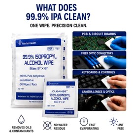 Cleanse Toallitas prácticas con alcohol isopropílico al 99.9%, 50 unidades, sin pelusas, no abrasivas, sin residuos de agua, ideal para electrónica, h