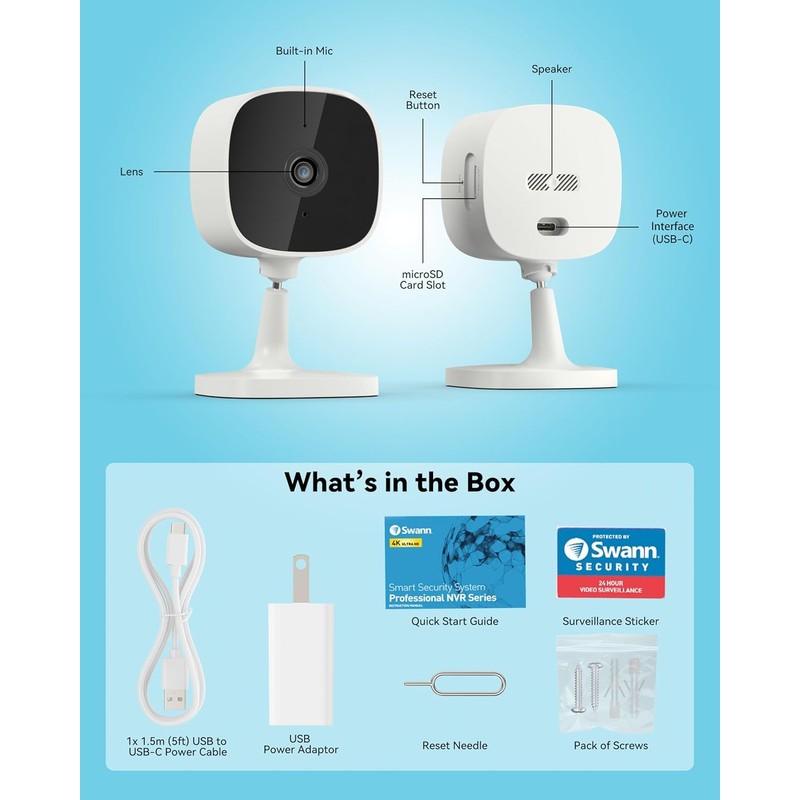 Swann EVO 2K Indoor Wi-Fi Security Camera, Two-Way Audio, True