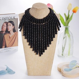 Boho African Wooden Beaded Bib Statement Necklace Strands Layered Cluster Chunky Collar Choker Wood Necklace for Women Fashion Costume Jewelry(N0065-Black)