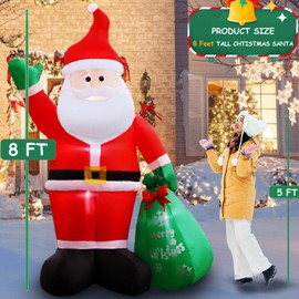 8FT Christmas Inflatables Santa Claus with Gifts Bag Inflatable Christmas Outdoor Decoration IP44 Xmas Blow up Santa Claus with Built-in 4 LED Lights Large Blow up Santa for Outdoor、Indoor、Yard Party