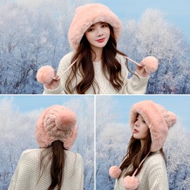 Peicees Womens Fur Hats with Pompom for Winter Warm Knit Beanie Skull Cap Russian Ushanka Trapper Hat with Ear Cover Pink