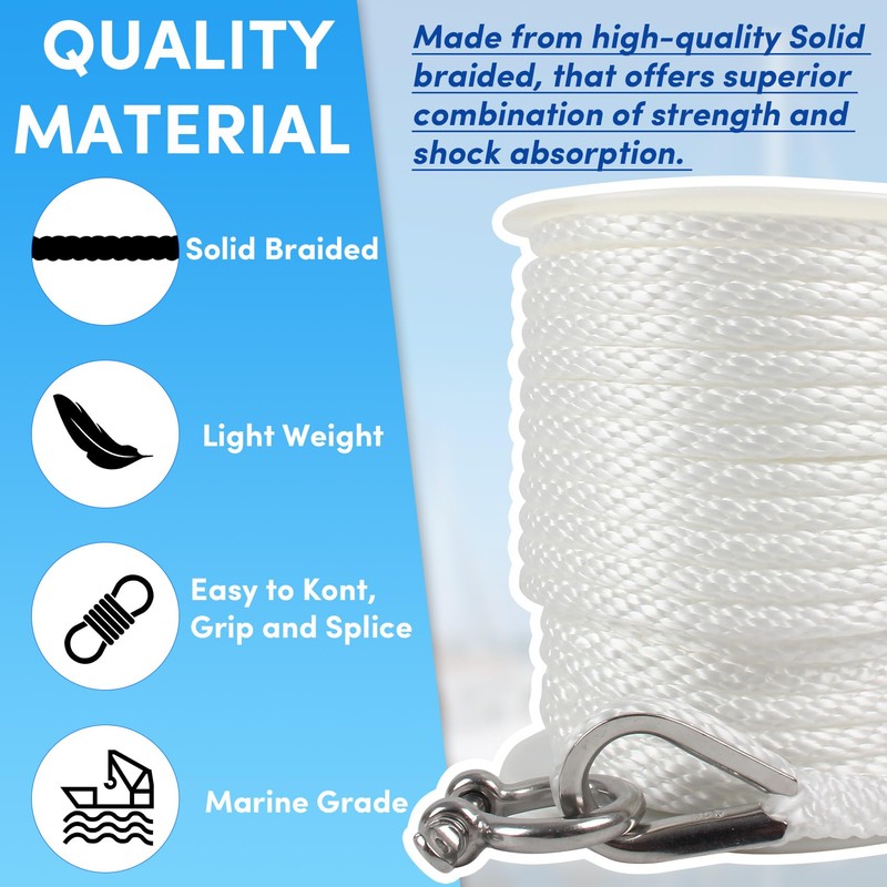 Premium Anchor Rope 100 ft x 3/8 inch, Solid Braid
